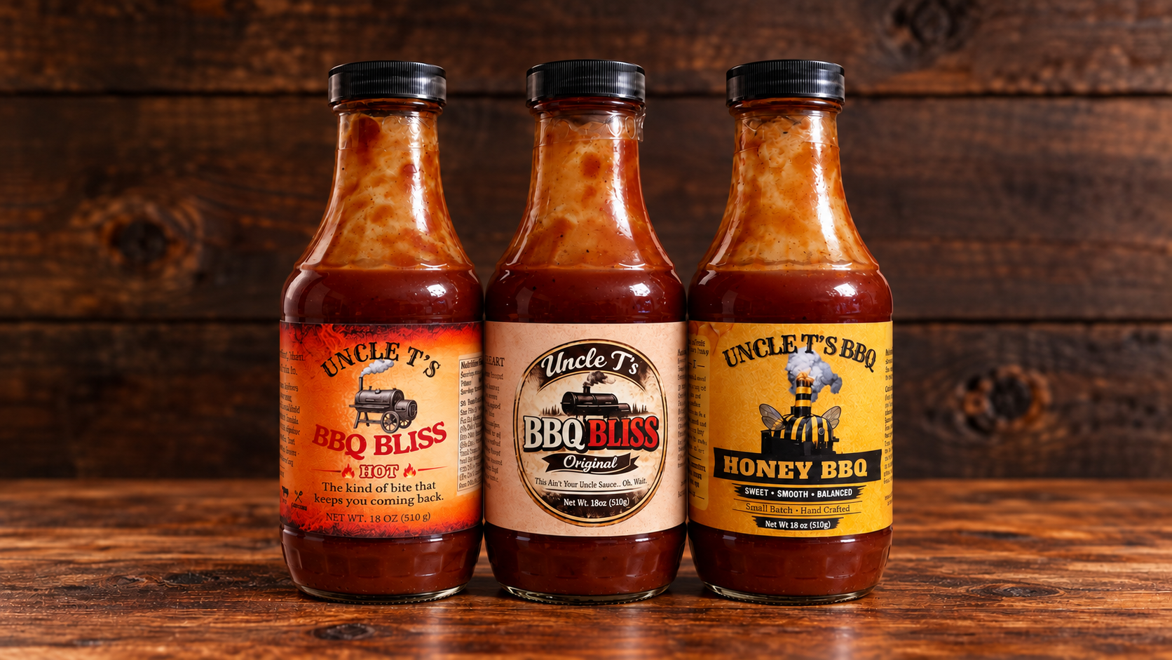 Hot, Original, and Honey BBQ Bliss on rustic walnut