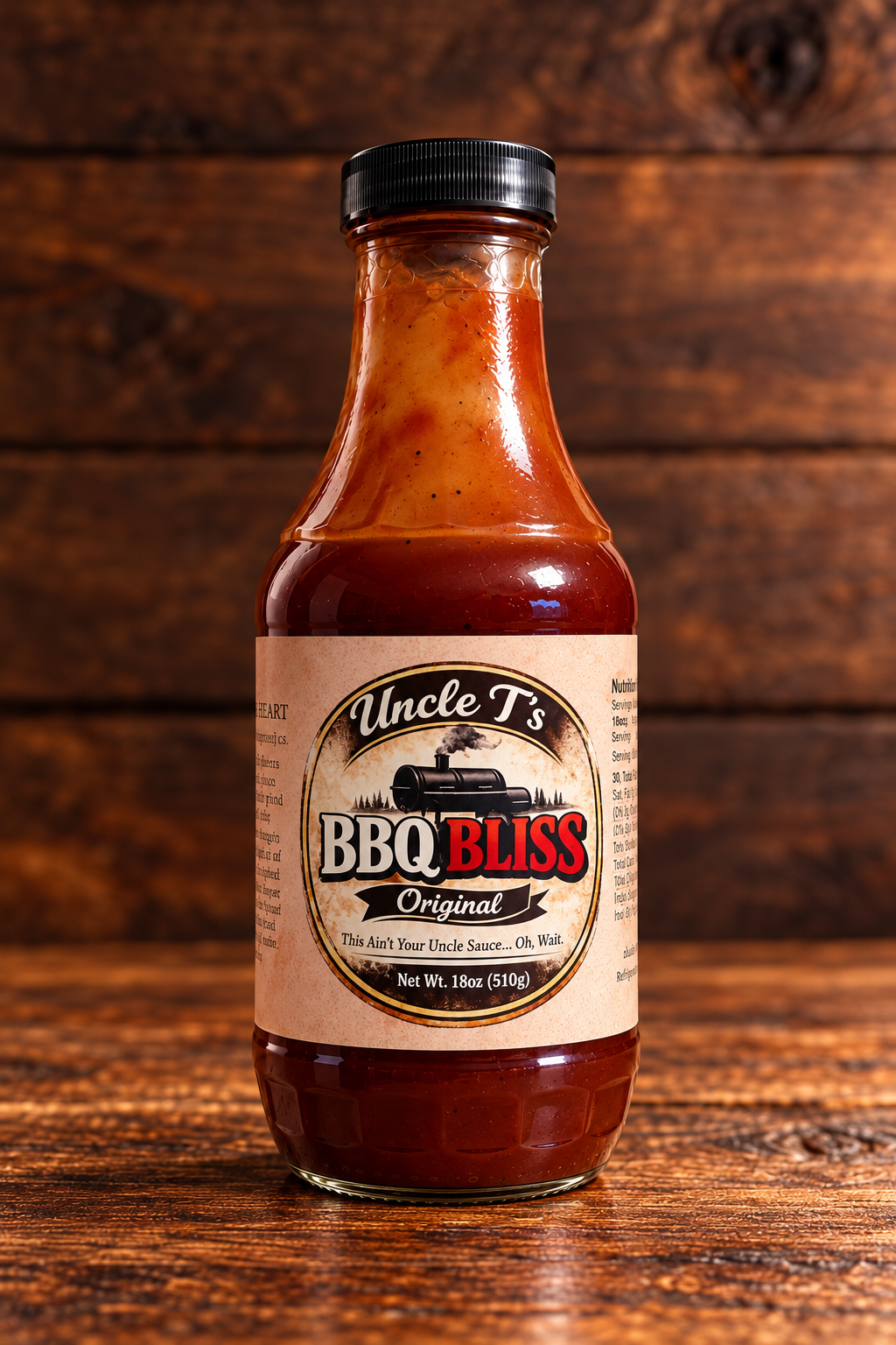 Bottle of Original BBQ Bliss on rustic walnut